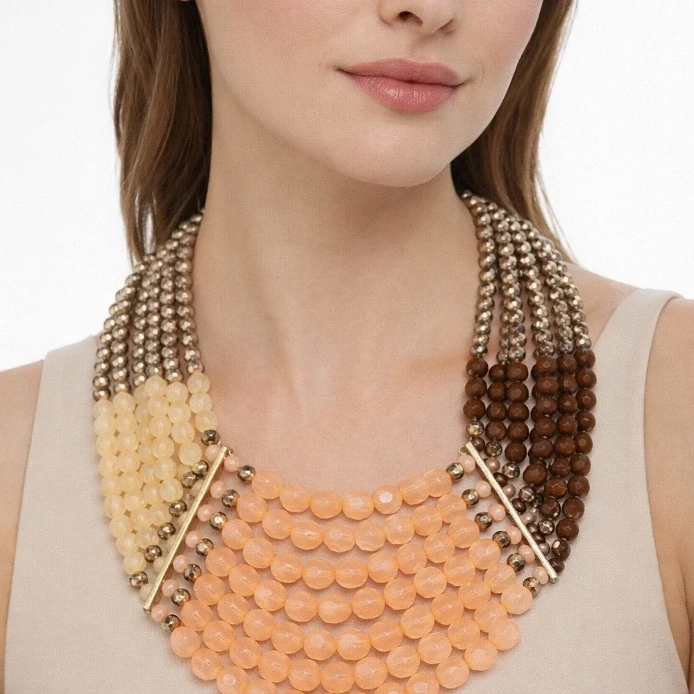 Statement‎ Multi-Strand Beaded Necklace Peach Cream Brown Bib Necklace Boho Glam